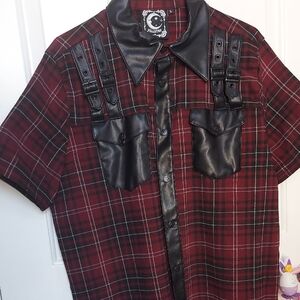 Killstar Men's Red and Black Plaid Short Sleeve Shirt with Faux Leather Accents